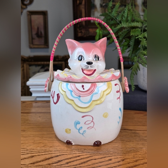 Other - Vintage Mid-Century Anthropomorphic Cat Cookie Jar Pink Kitsch Japan Wicker Hand